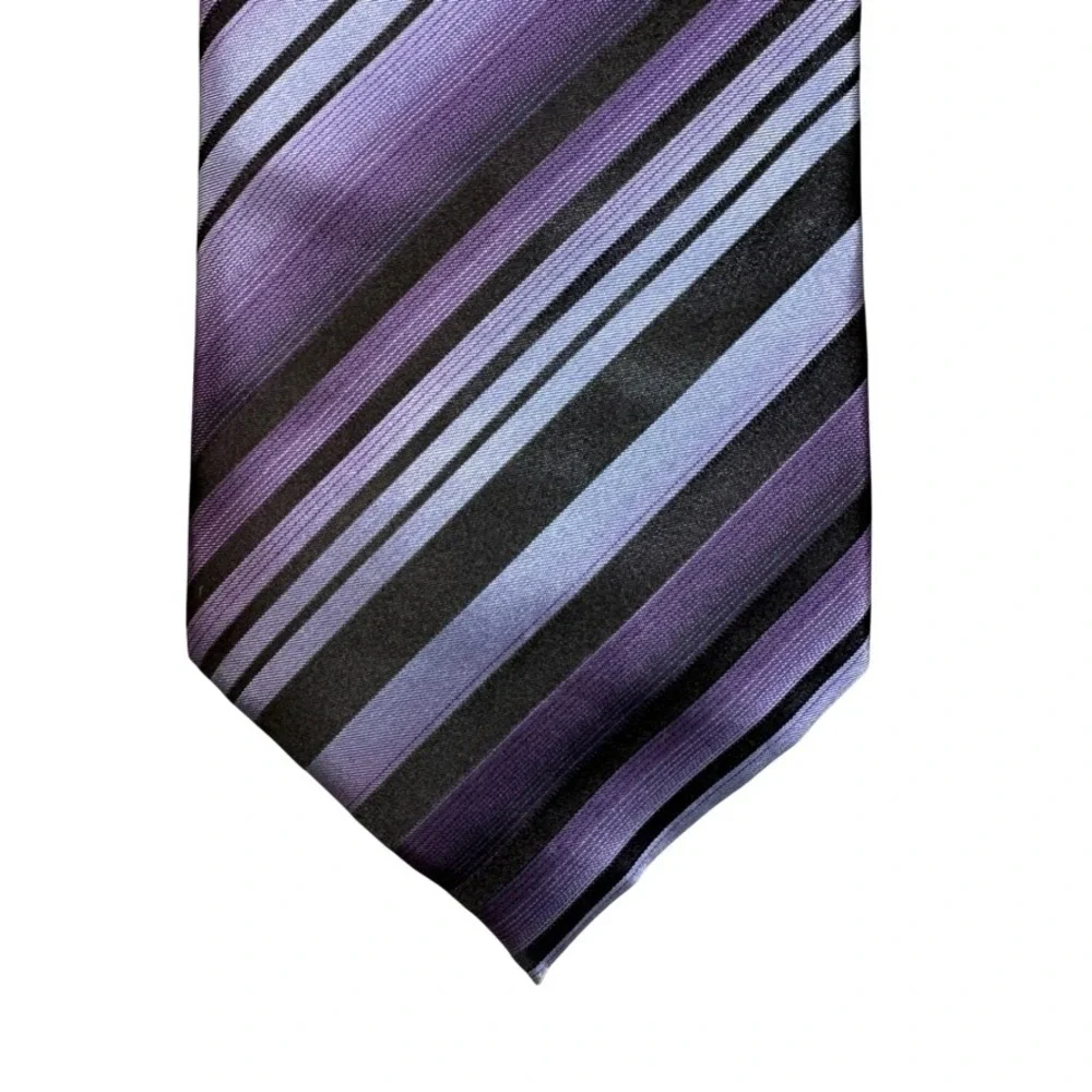 Van Heusen Mens Purple Black Striped Silk Necktie Stain Resistant Handmade Tie